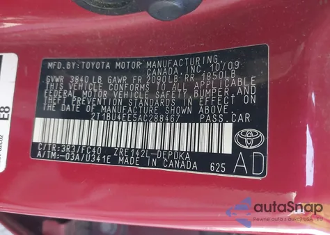 2010 Toyota Corolla Le из США, поврежденный, VIN 2T1BU4EE5AC288467